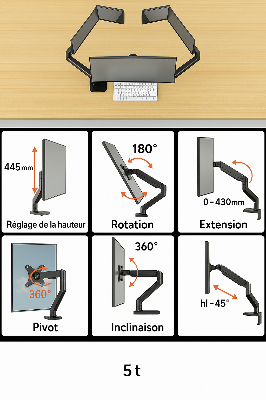 Support d'Écran Réglable pour Moniteur PC (17-32") – Montage par Pince ou Œillet