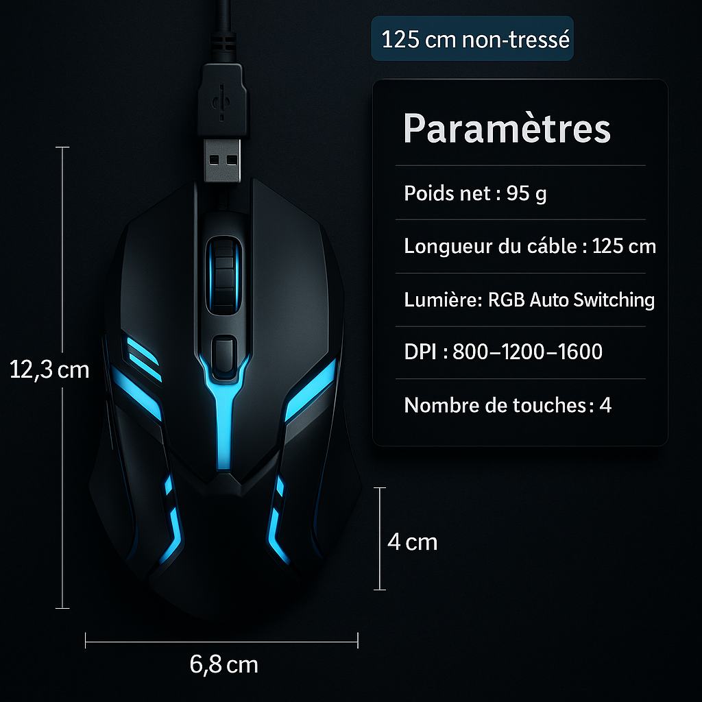 Souris de Jeu Ergonomique avec Rétroéclairage et DPI Réglable