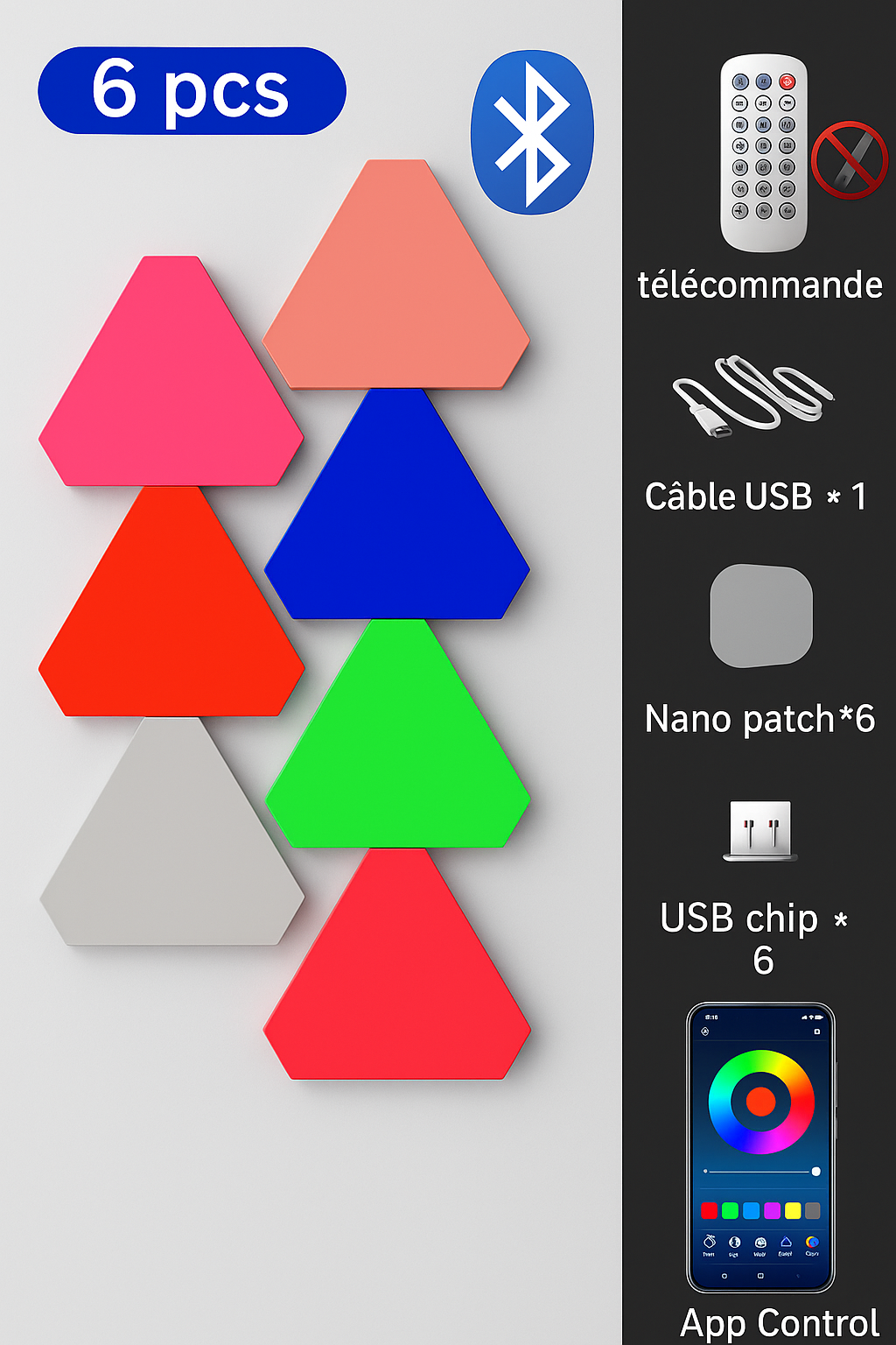 Lampe Murale LED Triangle RGB IC – 6pcs- Contrôle Bluetooth & Éclairage Dimmable