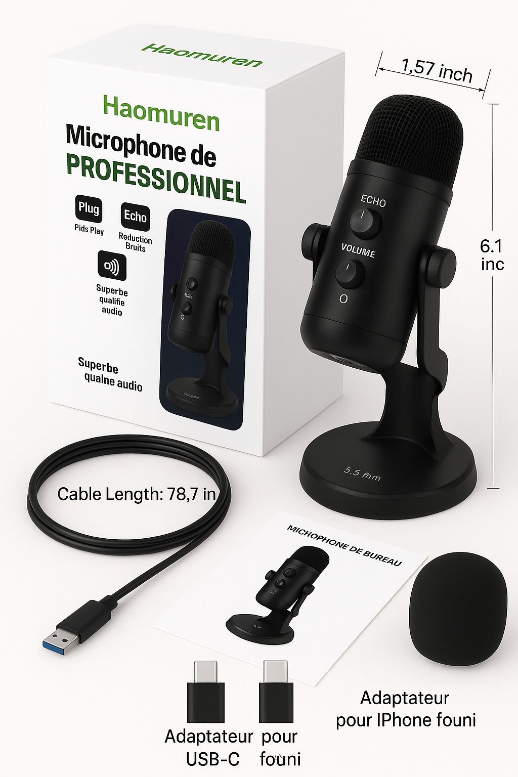 Microphone USB Haomuren – Idéal pour le Jeu, le Streaming, les Podcasts et l’Enregistrement